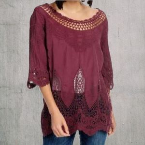 Woven & Crochet Lace Embroidered Tunic Top Size 1X/2X